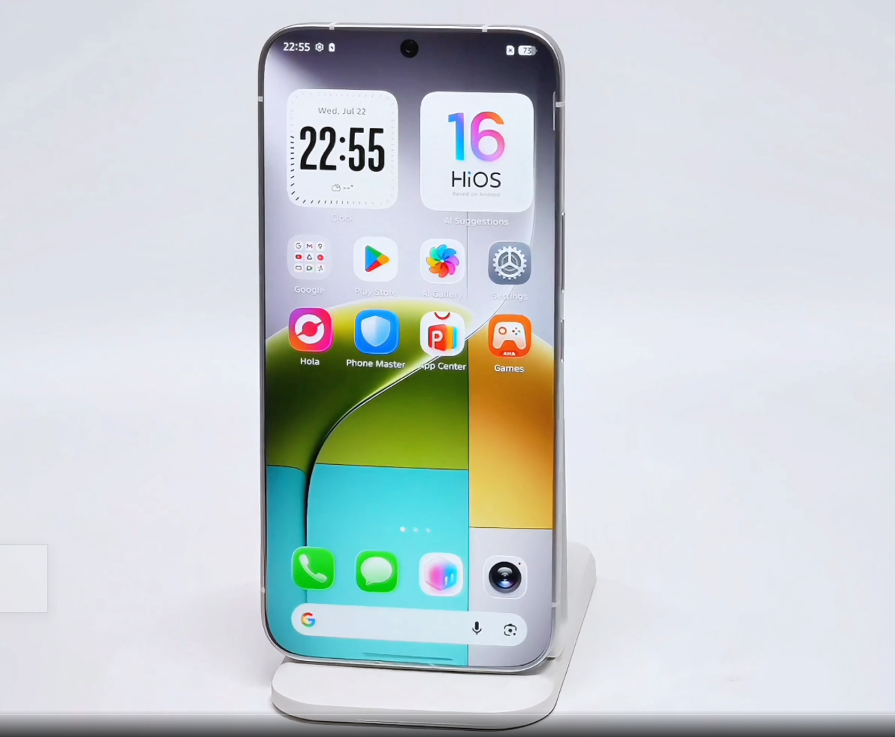 Front view of Tecno's Next-Gen Borderless Concept Phone showing an edge-to-edge display with ultra-thin borders and a centered hole-punch selfie camera.