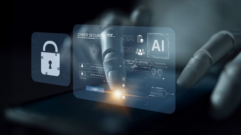 Digital cybersecurity interface with AI and security icons representing CREST's new AI accreditation standards for penetration testing.