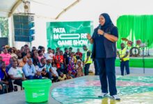Fawzia Ali, Safaricom's Chief Consumer Business Officer, speaks during the PATA MORE campaign launch in Siaya County.