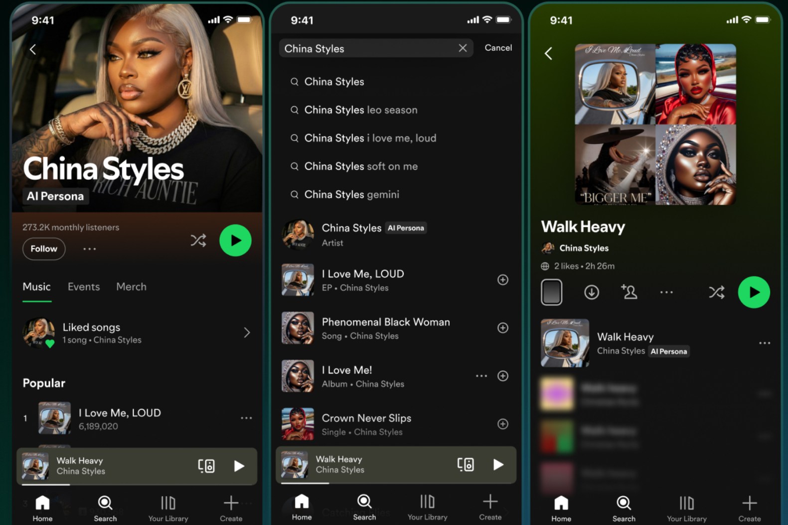 Spotify labels the China Styles artist profile as an AI Persona in search and music listings