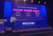 AWS Senior Solutions Architect Joseph Mutua presenting AWS Transform fundamentals and agentic software development models at WSO2Con Africa 2026 in Nairobi.