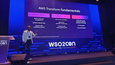 AWS Senior Solutions Architect Joseph Mutua presenting AWS Transform fundamentals and agentic software development models at WSO2Con Africa 2026 in Nairobi.