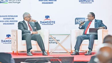 Aliko Dangote and NSE CEO Frank Mwiti at Dangote Petroleum Refinery IPO investor engagement