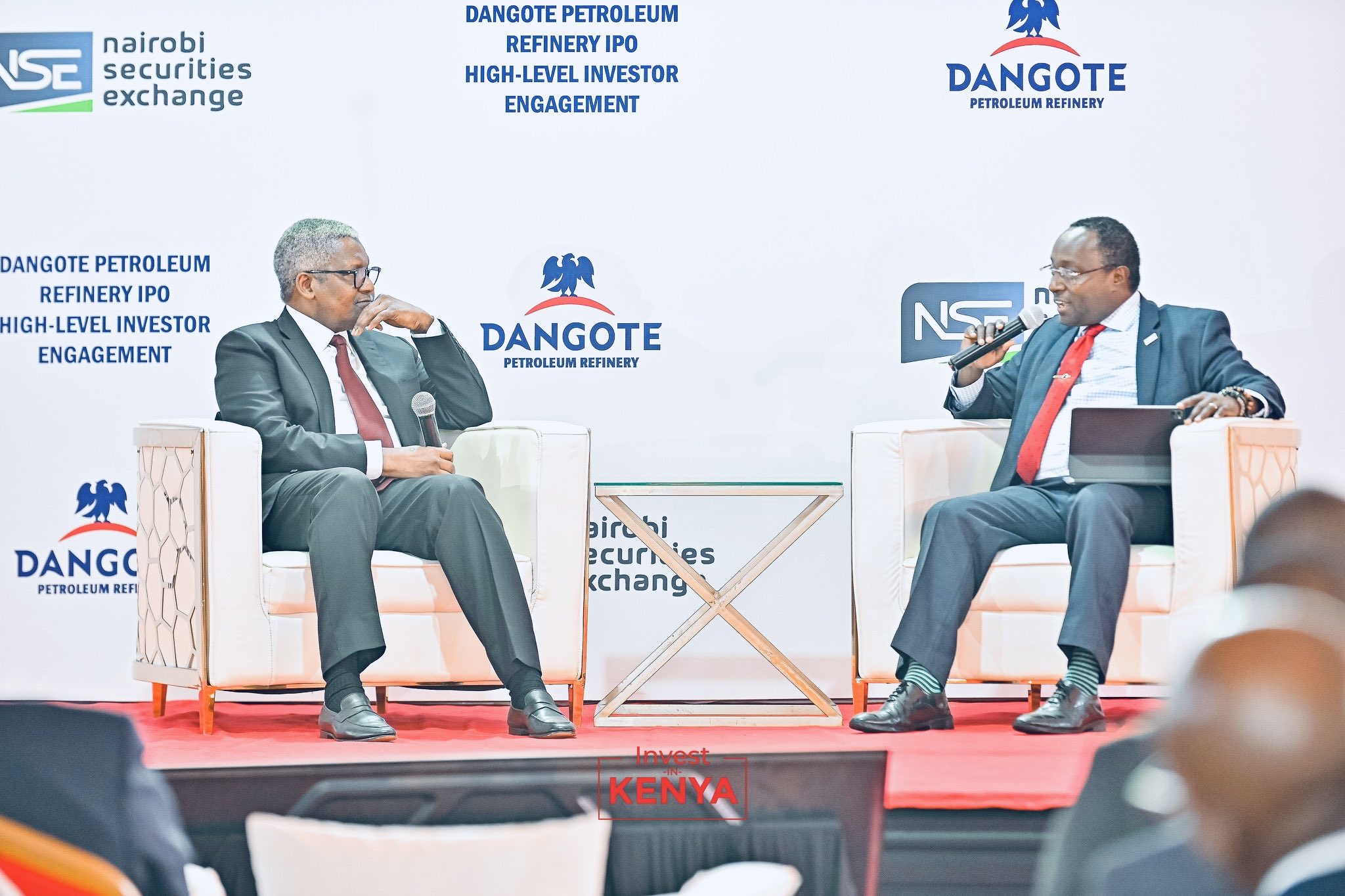Aliko Dangote and NSE CEO Frank Mwiti at Dangote Petroleum Refinery IPO investor engagement