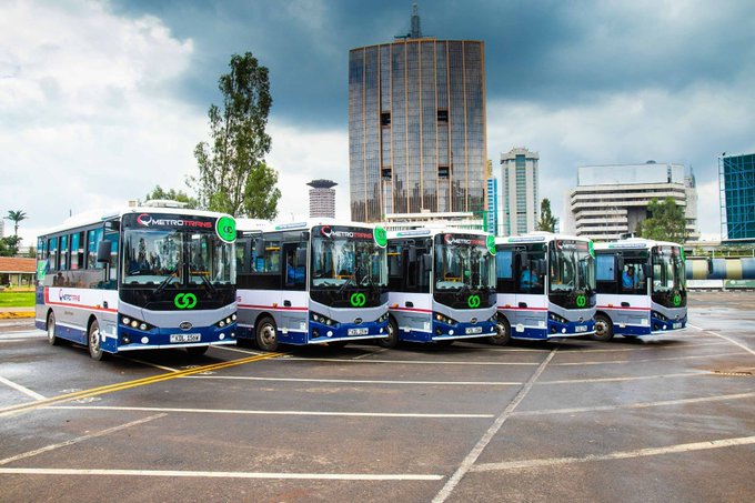 BasiGo electric buses parked in Nairobi as the company expands commercial commuter services