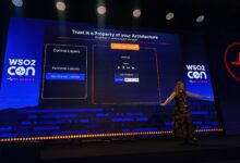 Dr. Rania Khalaf presenting on stage at WSO2Con Africa 2026 in front of a slide titled 'Trusted AI Governance Needs 3 Things' showing pillars for built-in controls, AI heterogeneity, and innovation.