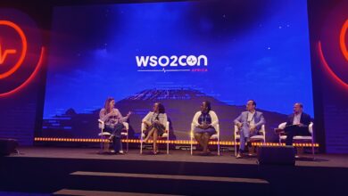 Panelists Dr. Rania Khalaf, Janey Nakato, Susan Odhiambo, Shahab Nasir, and Asanka Abeysinghe speaking on stage at WSO2Con Africa.