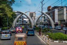 Mombasa city centre with the iconic elephant tusks on Moi Avenue