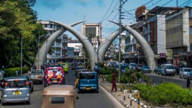 Mombasa city centre with the iconic elephant tusks on Moi Avenue