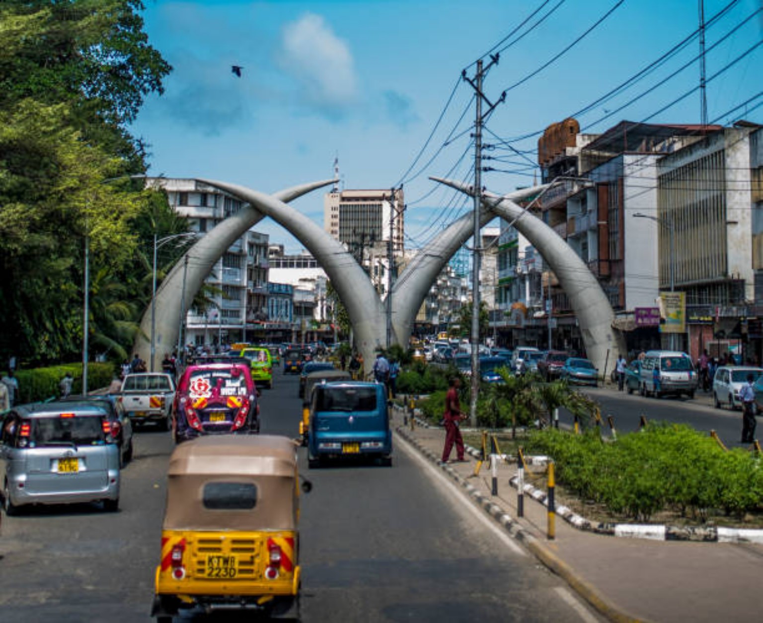 Mombasa city centre with the iconic elephant tusks on Moi Avenue