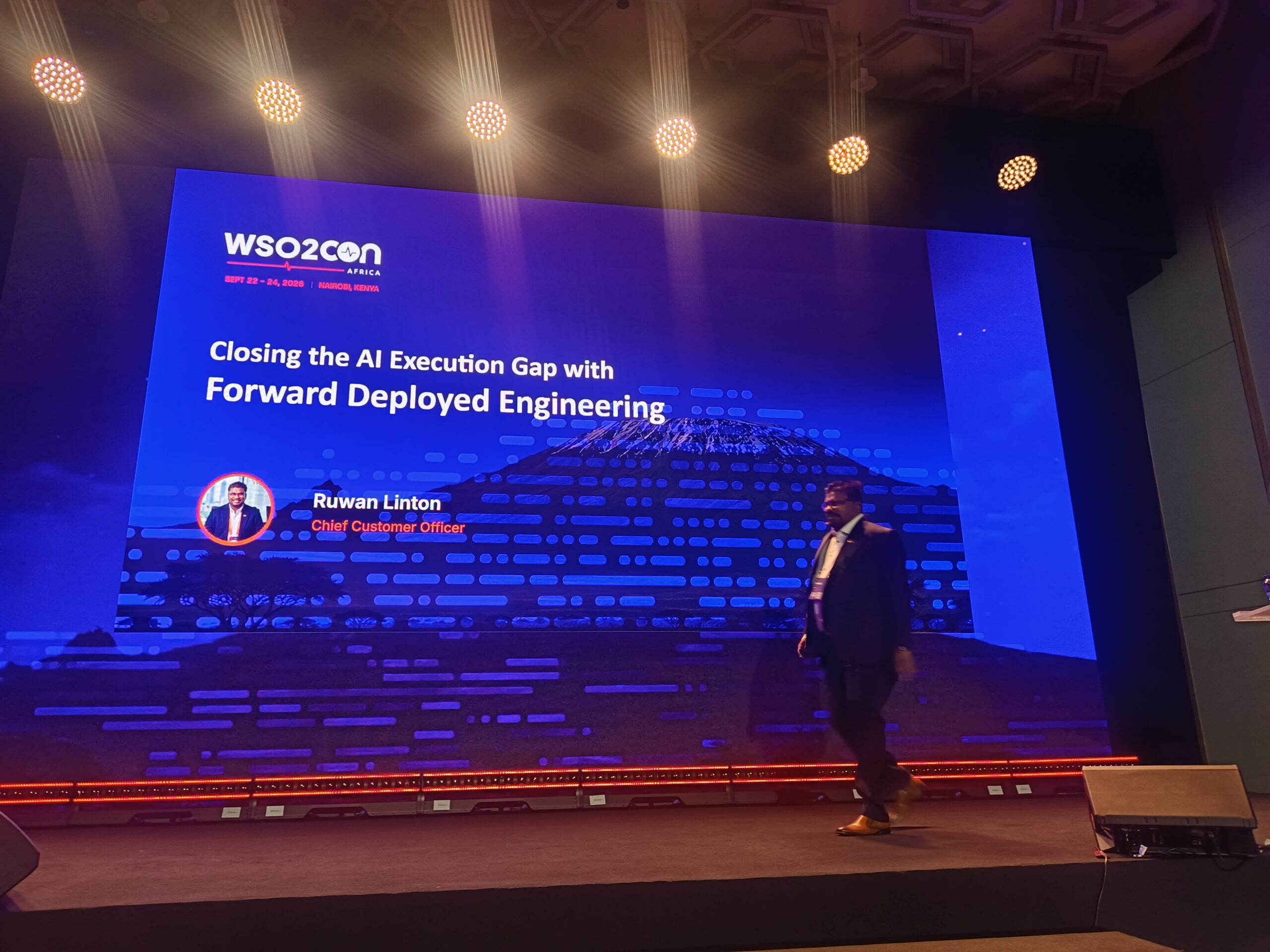 Ruwan Linton, Chief Customer Officer at WSO2, presenting on closing the AI execution gap at WSO2Con Africa 2026 stage in Nairobi.