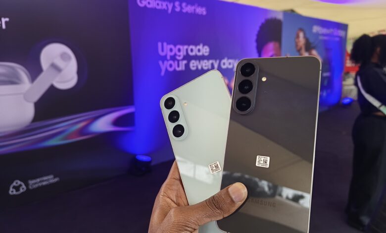 Samsung Galaxy S26 FE smartphones displayed at the Kenya launch event.