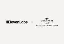 ElevenLabs and Universal Music Group logos representing a partnership for licensed AI music creation.