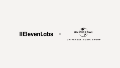 ElevenLabs and Universal Music Group logos representing a partnership for licensed AI music creation.
