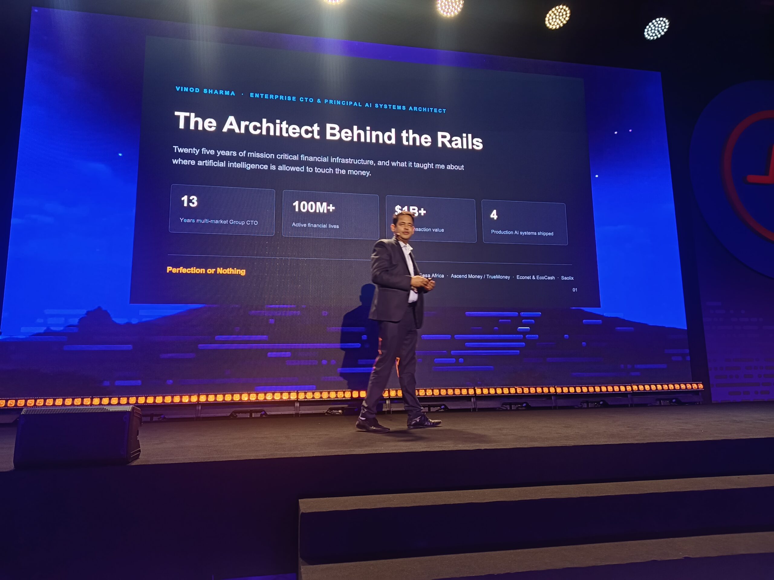 Vinod Sharma presenting a slide titled The Architect Behind the Rails at WSO2Con Africa 2026.