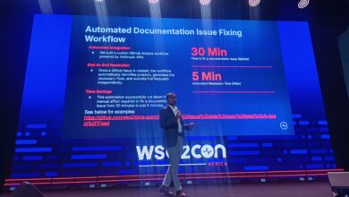 WSO2 Senior Vice President and Head of Engineering Amila Mahaarachchi presenting automated AI documentation workflows at WSO2Con Africa 2026 in Nairobi.