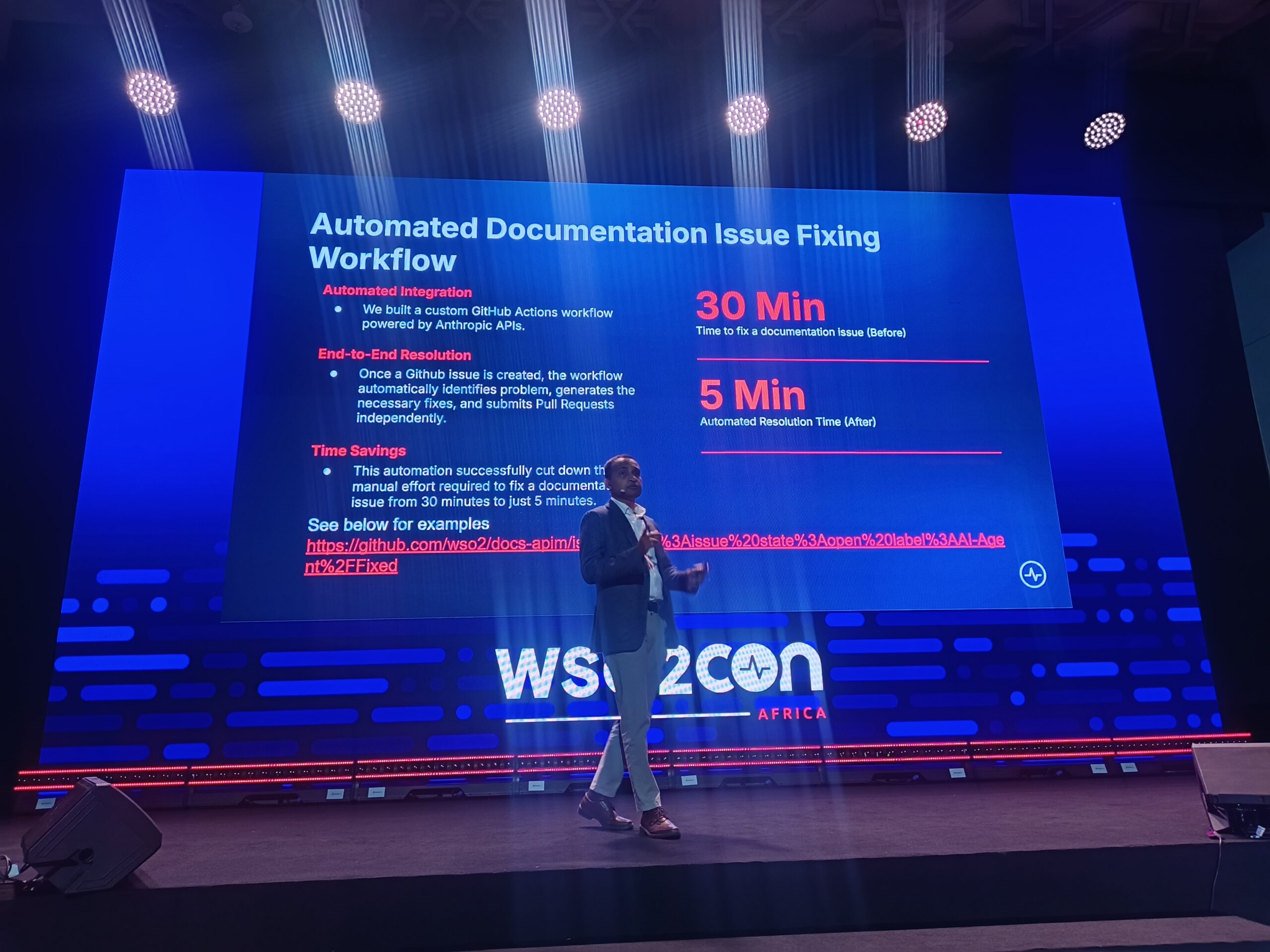 WSO2 Senior Vice President and Head of Engineering Amila Mahaarachchi presenting automated AI documentation workflows at WSO2Con Africa 2026 in Nairobi.