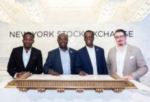 Wall Street Africa CEO Eric Asuma, NCBA Group CEO John Gachora, NSE CEO Frank Mwiti, and Wall Street Africa Founder Julian R. Buerger at the New York Stock Exchange