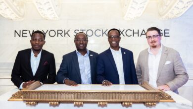 Wall Street Africa CEO Eric Asuma, NCBA Group CEO John Gachora, NSE CEO Frank Mwiti, and Wall Street Africa Founder Julian R. Buerger at the New York Stock Exchange