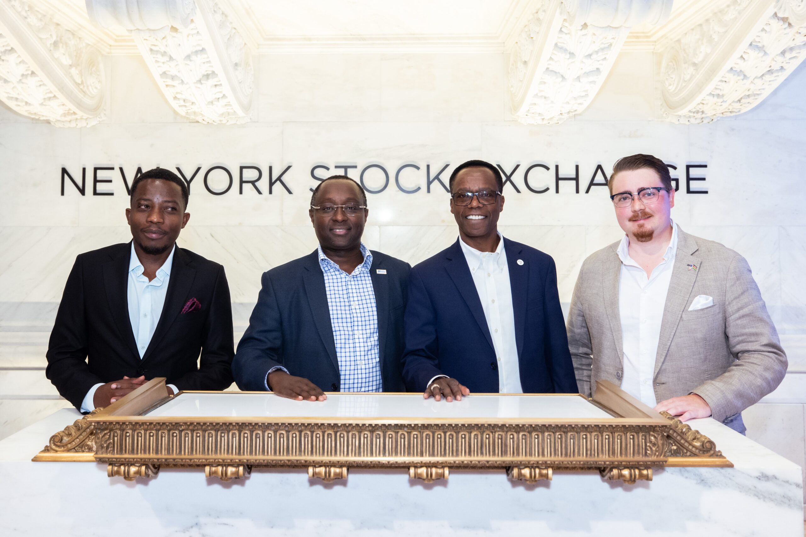 Wall Street Africa CEO Eric Asuma, NCBA Group CEO John Gachora, NSE CEO Frank Mwiti, and Wall Street Africa Founder Julian R. Buerger at the New York Stock Exchange