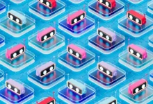 Isometric 3D pattern of colorful AI agent bot icons on glass tiles over a blue circuit grid representing automated AI tools and cybersecurity risks.