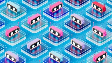 Isometric 3D pattern of colorful AI agent bot icons on glass tiles over a blue circuit grid representing automated AI tools and cybersecurity risks.