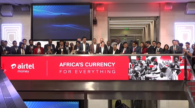Airtel Money executives and London Stock Exchange CEO Julia Hoggett on the LSE balcony during the market-opening ceremony for the Airtel Money IPO.