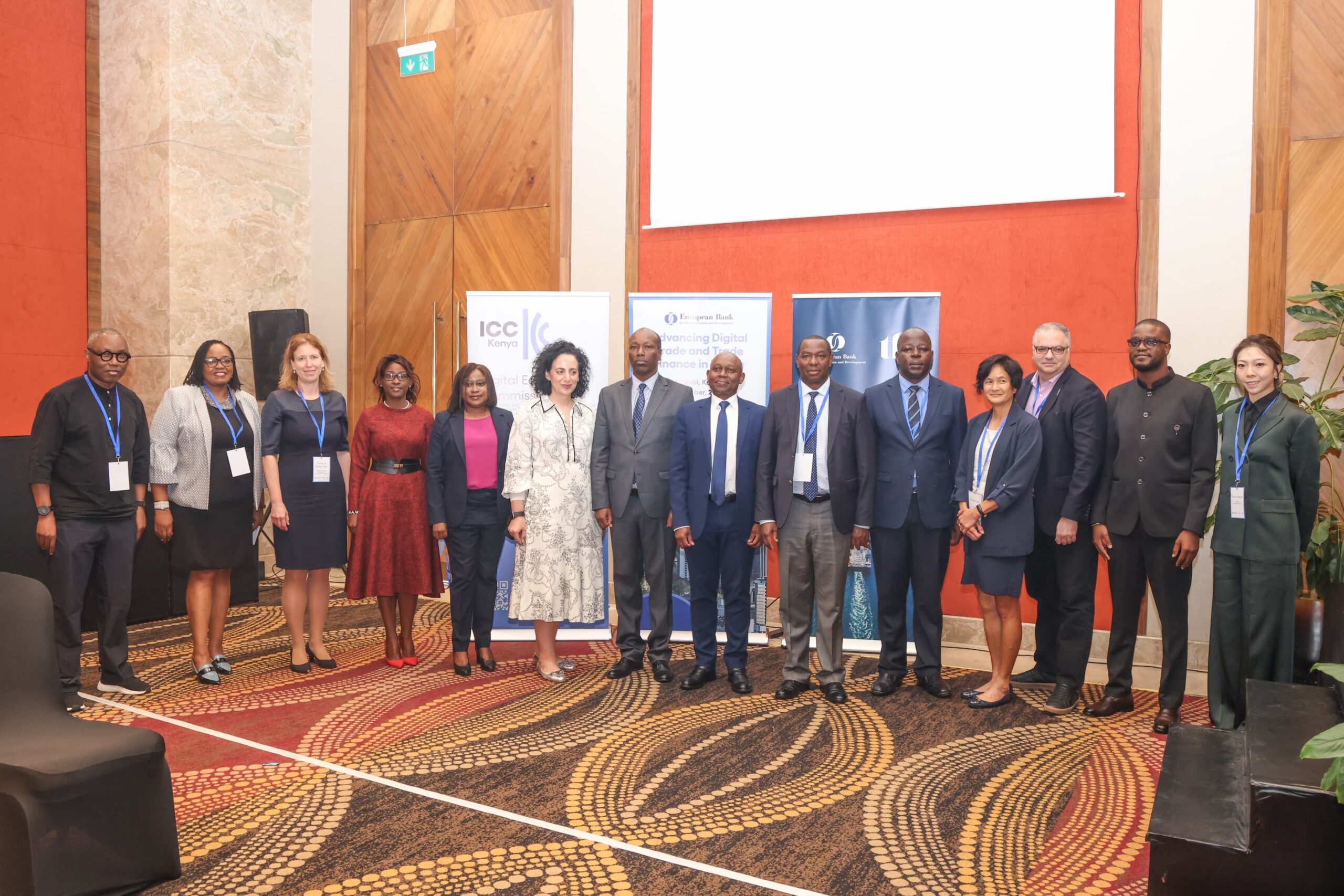 Kenya Cabinet Secretary Lee Kinyanjui, KRA Chairman Ndiritu Muriithi, KEPROBA Chairman Dennis Mwirigi, ICC Kenya Chairman Julius Opio, and EBRD Associate Director Anna Brod-Ohana at a digital trade workshop.
