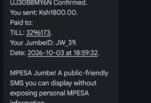 A smartphone screen showing an M-PESA Jumbe SMS confirmation for a Ksh 1,800 payment to Till 3296173 with personal balance details masked.