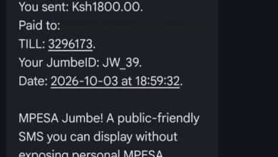 A smartphone screen showing an M-PESA Jumbe SMS confirmation for a Ksh 1,800 payment to Till 3296173 with personal balance details masked.