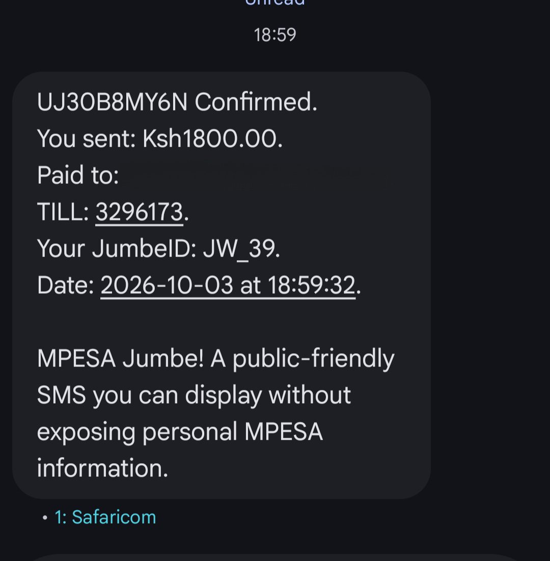 A smartphone screen showing an M-PESA Jumbe SMS confirmation for a Ksh 1,800 payment to Till 3296173 with personal balance details masked.