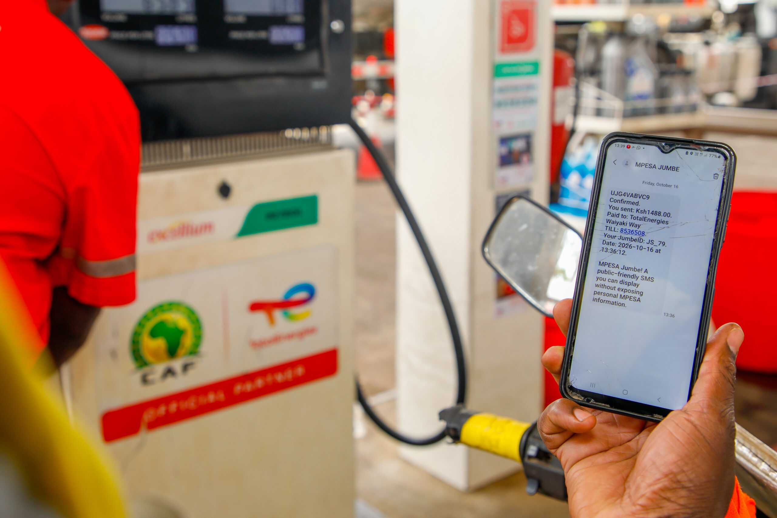 M-PESA Jumbe payment confirmation SMS showing a customer’s JumbeID and transaction details without exposing their full phone number or balance.