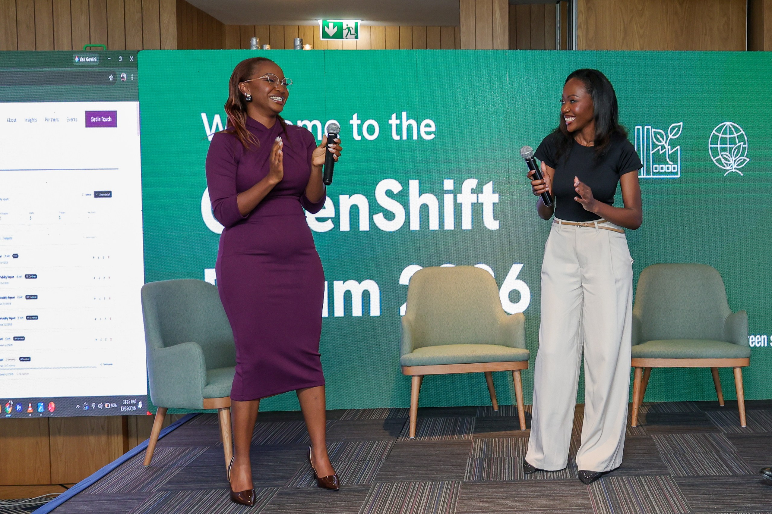 Ardena Consulting co-founders Stephanie Ojee and Njoki Kamau-Mbugua speaking at the Ardena Platform ESG reporting launch during GreenShift Forum 2026.