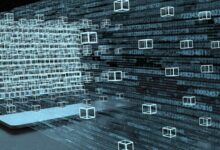 Digital 3D blockchain ledger blocks and data streams emerging from a laptop screen.