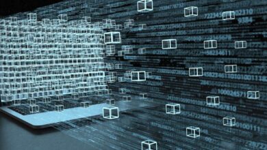 Digital 3D blockchain ledger blocks and data streams emerging from a laptop screen.