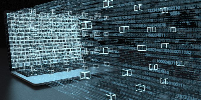 Digital 3D blockchain ledger blocks and data streams emerging from a laptop screen.