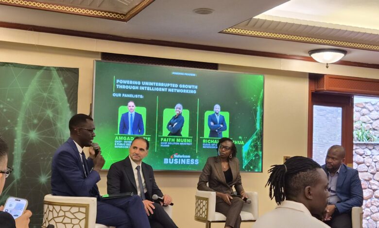 Safaricom Business executives Amgad Nafie and Richard Muthua alongside Huawei's Faith Mueni at the Safaricom SD-WAN launch panel in Nairobi.