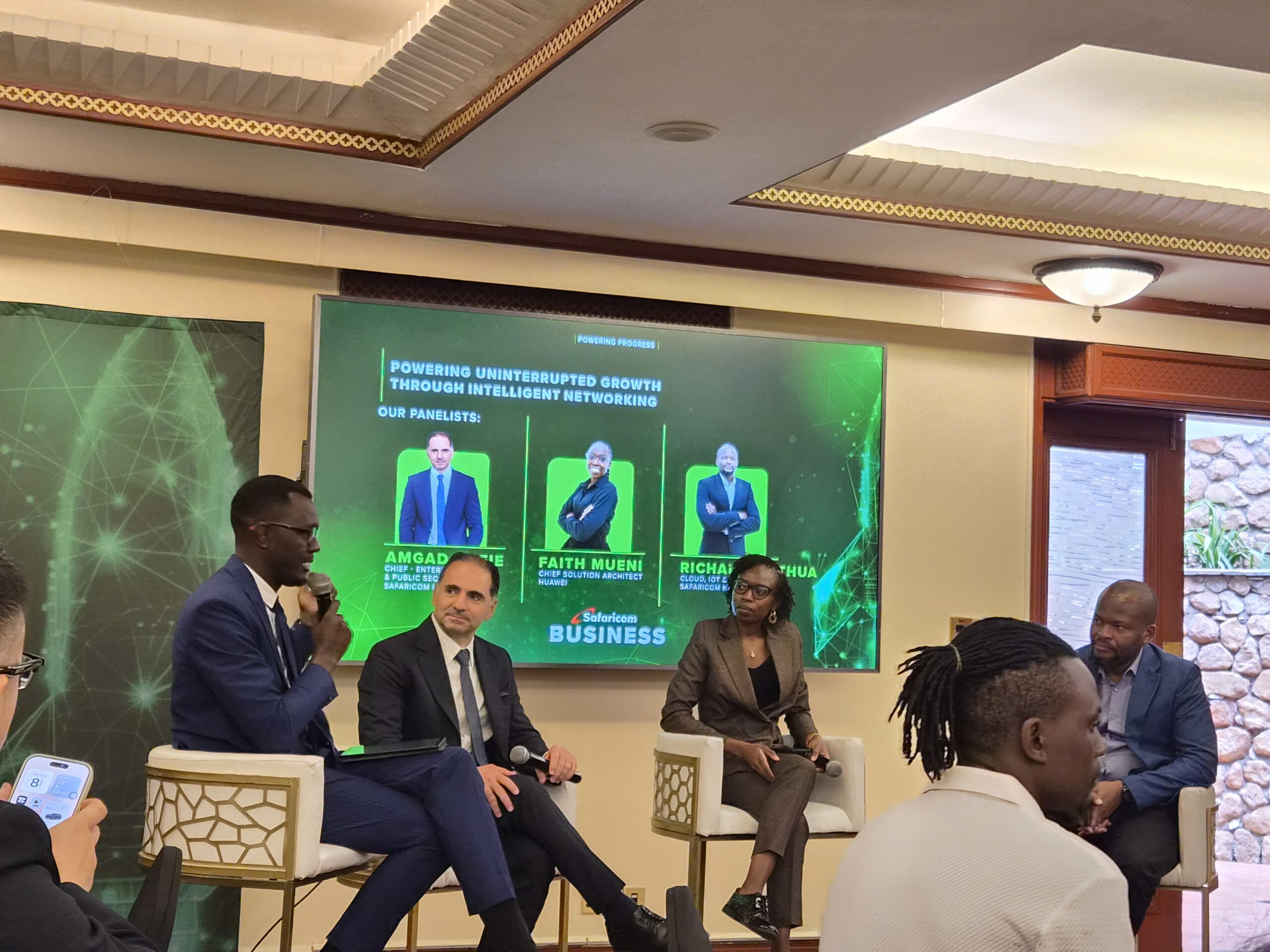 Safaricom Business executives Amgad Nafie and Richard Muthua alongside Huawei's Faith Mueni at the Safaricom SD-WAN launch panel in Nairobi.