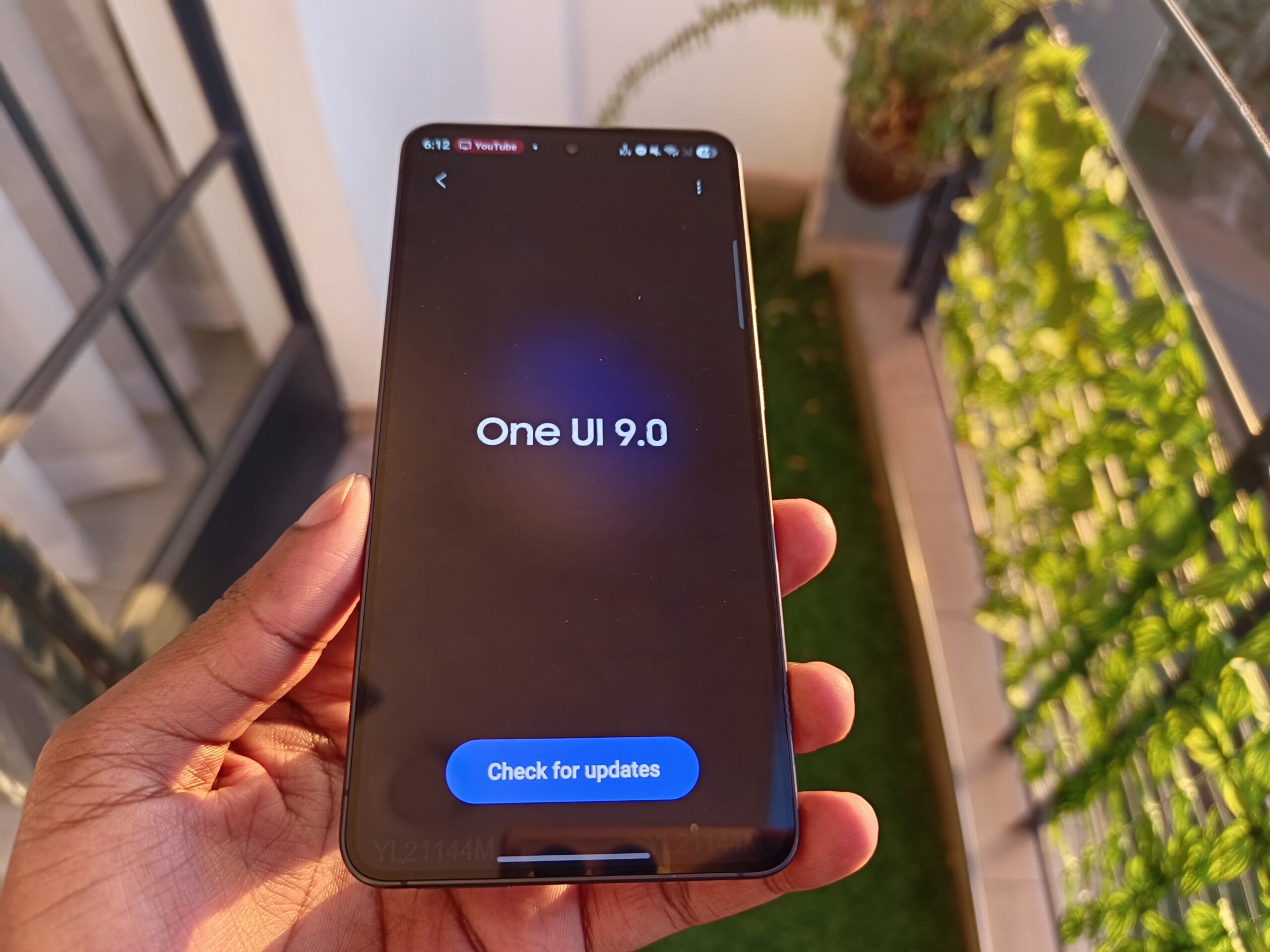 Samsung Galaxy S26 displaying the One UI 9.0 update screen with a blue "Check for updates" button.