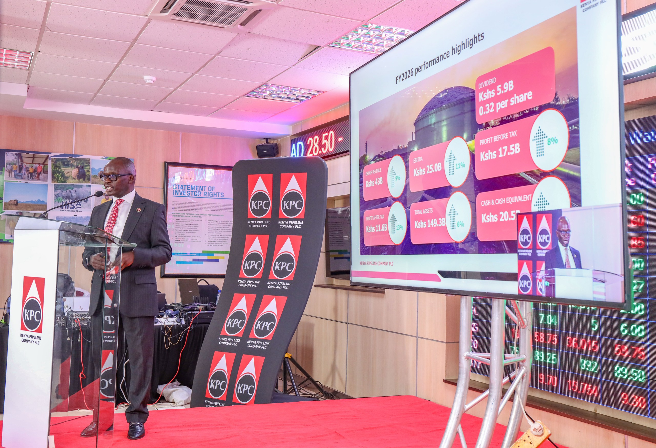 Kenya Pipeline Company (KPC) Acting CEO and Managing Director Pius Mwendwa presents the company's FY2025/26 financial results at the Nairobi Securities Exchange